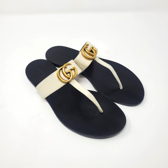 Gucci Marmont Double G Thong Flip Flop Sandals Leather White Size EU38.5/US8.5 - Picture 1 of 16